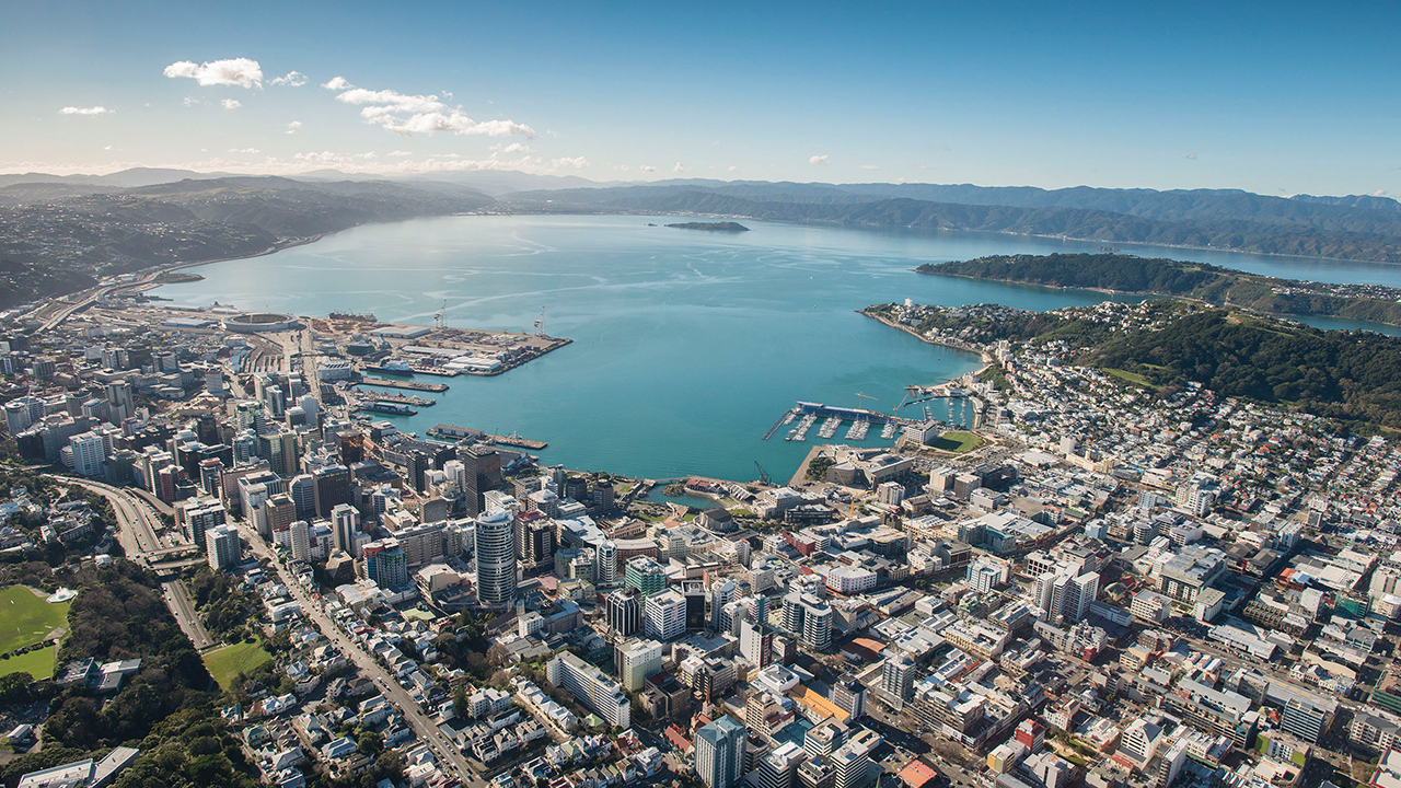 Aerial view of Wellington city and harbour.